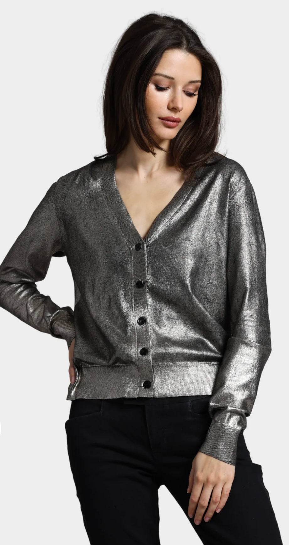Silver Metallic Print V NecK button Cardigan