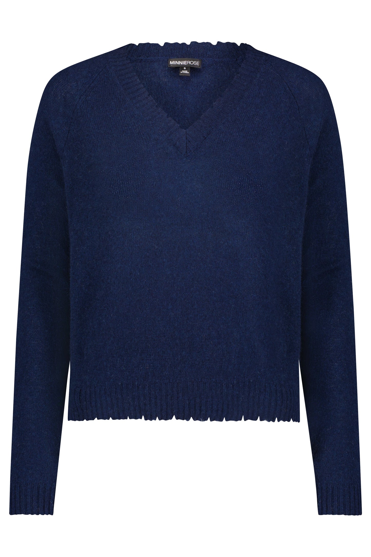 Minnie Rose Cashmere Frayed Edge V-Neck Sweater, Navy
