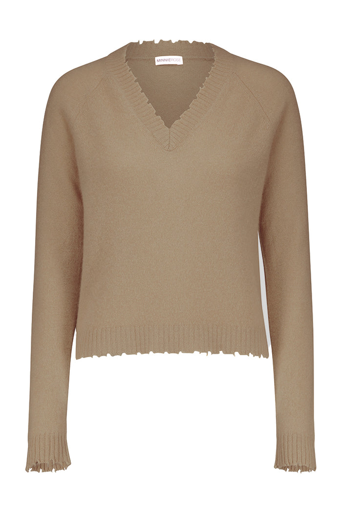Minnie Rose Cashmere Frayed Edge V-Neck Sweater, Camel