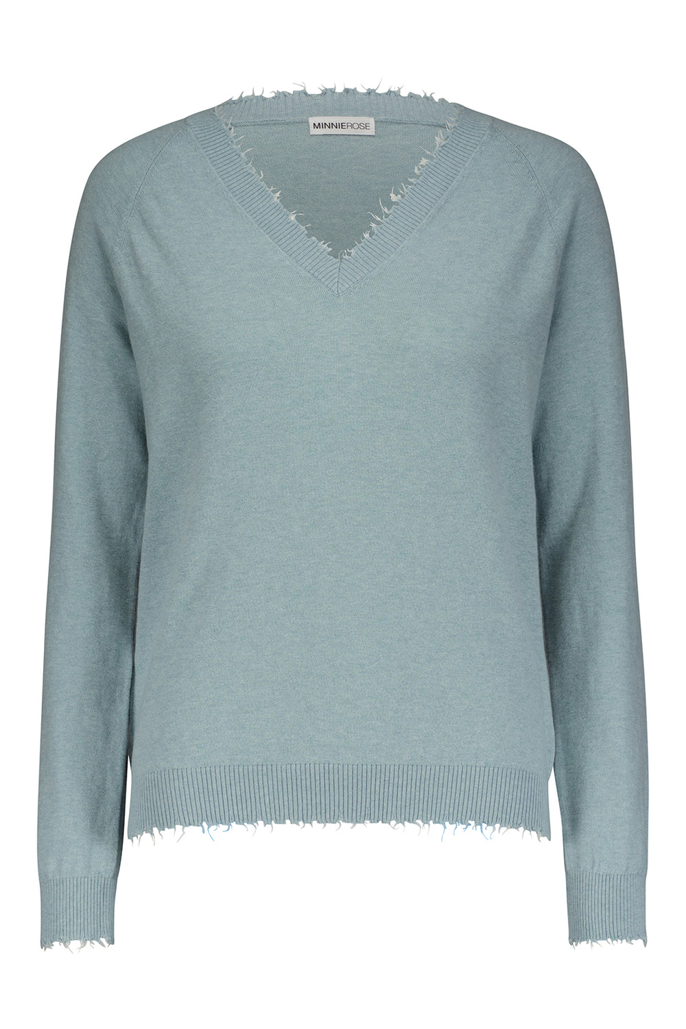 Minnie Rose Cashmere Frayed Edge V-Neck Sweater, Seashore