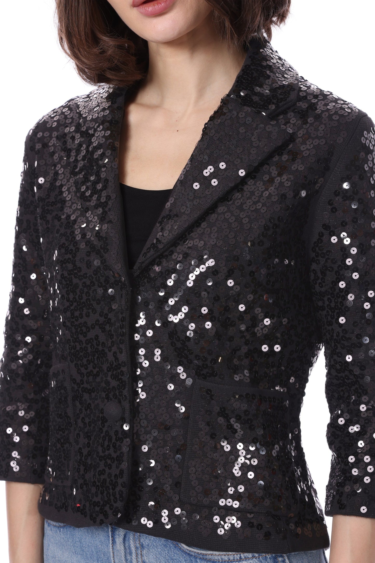 Minnie Rose Sequin Shrunken Blazer, Black