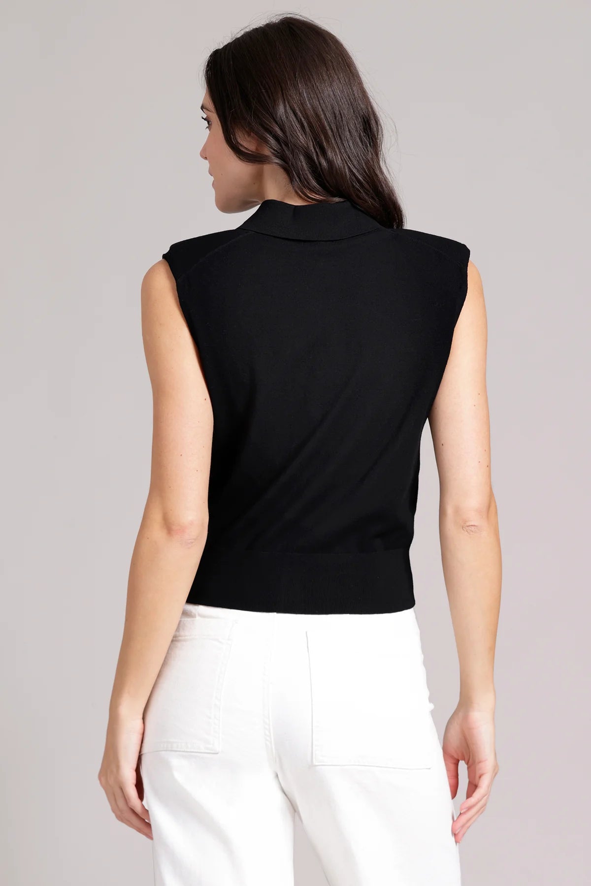 Black Viscose Button Down Front Sleeveless Polo