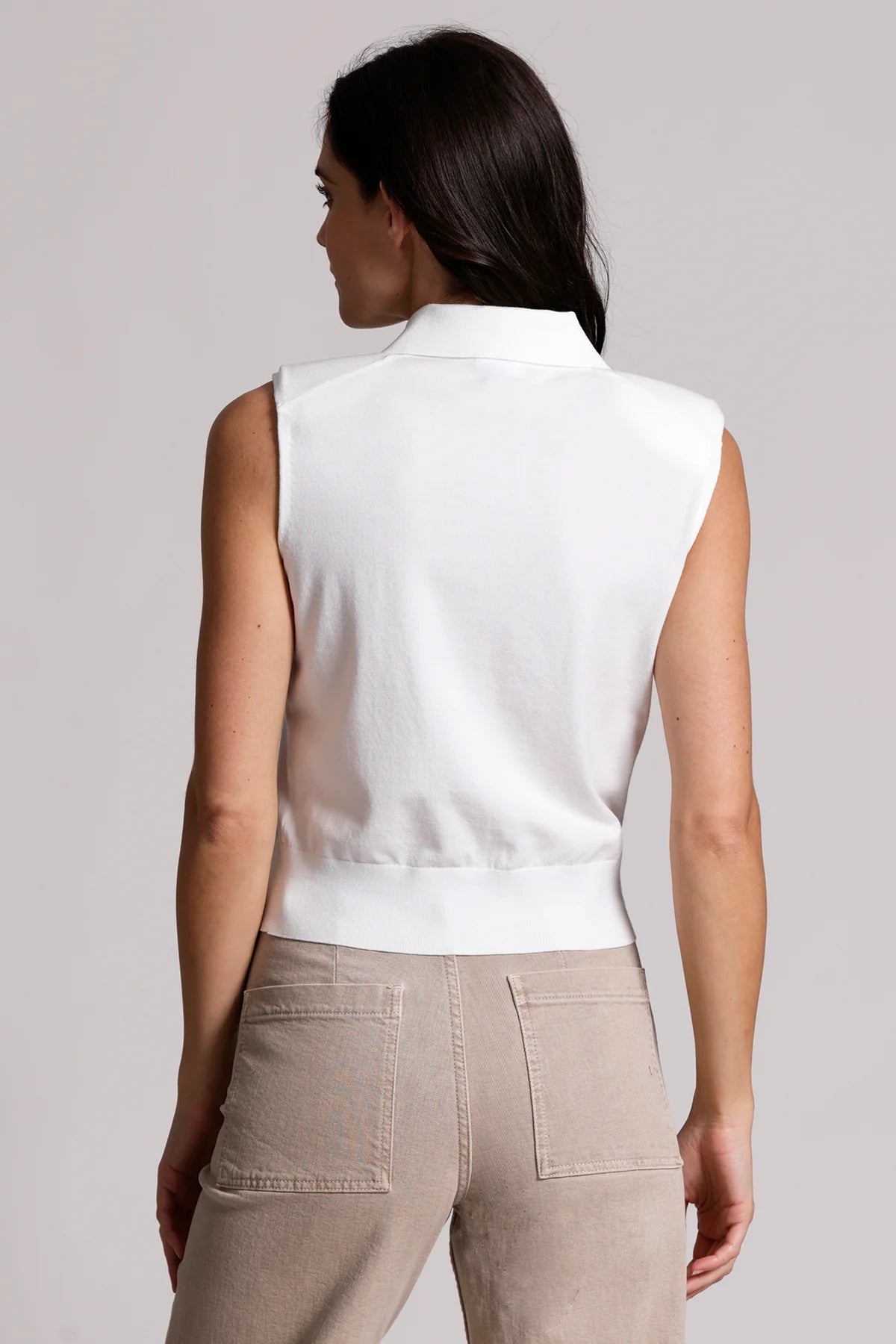 White Viscose Button Front Sleeveless Polo