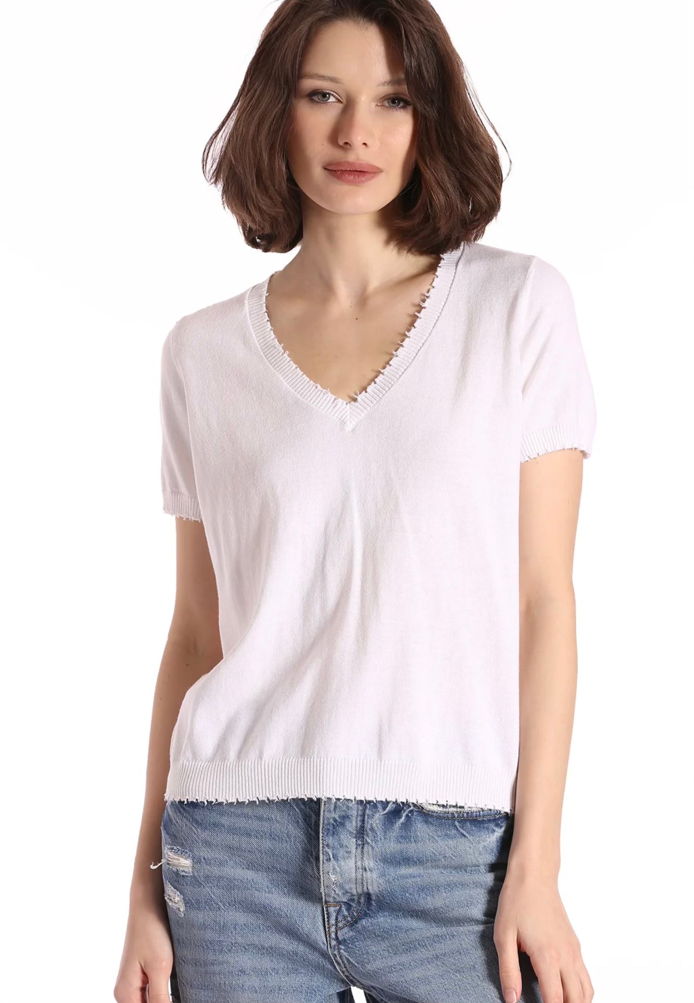 COTTON CASHMERE FRAYED V-NECK TEE- WHITE