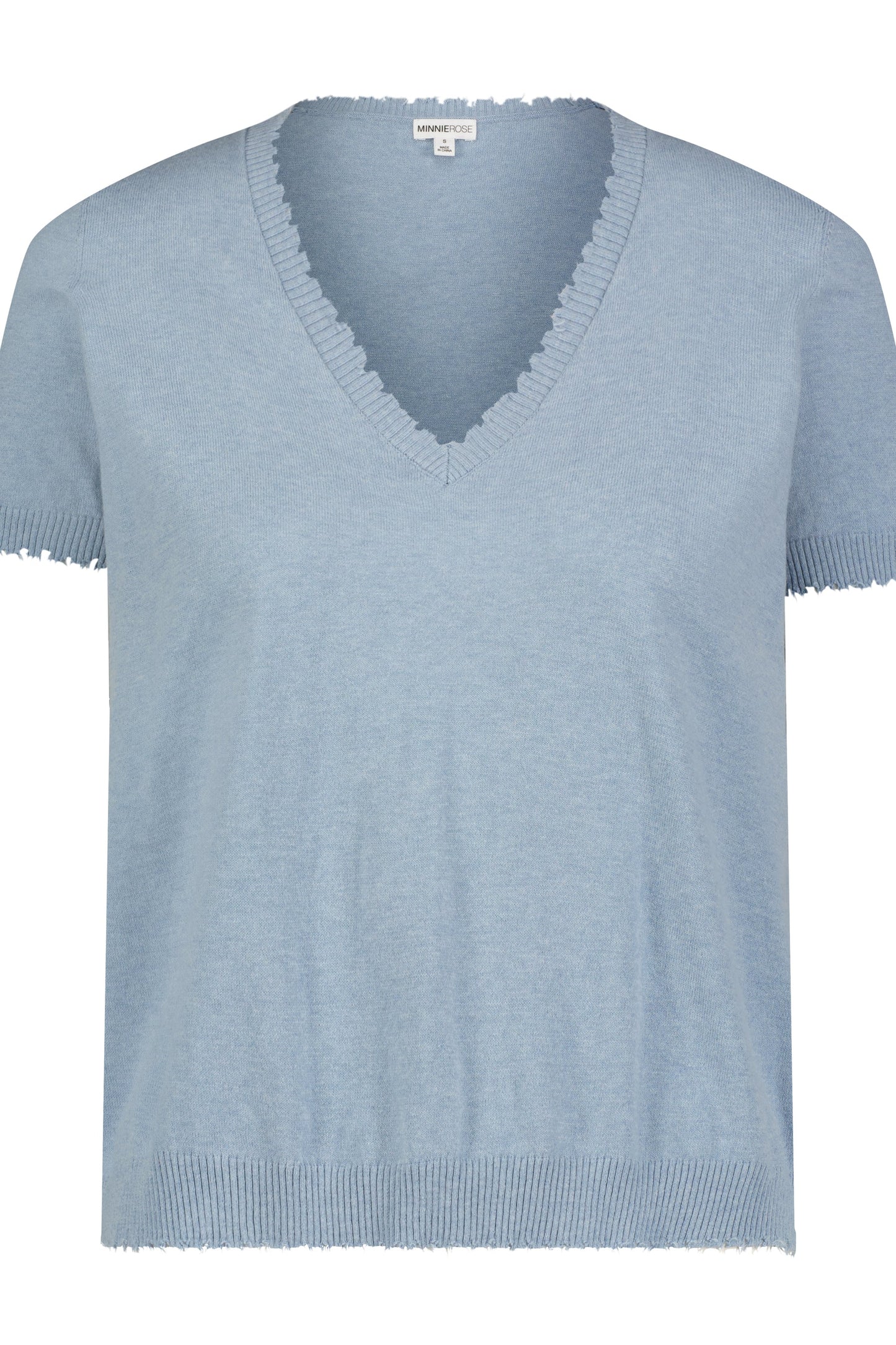 COTTON CASHMERE FRAYED V-NECK TEE- FRESCO BLUE