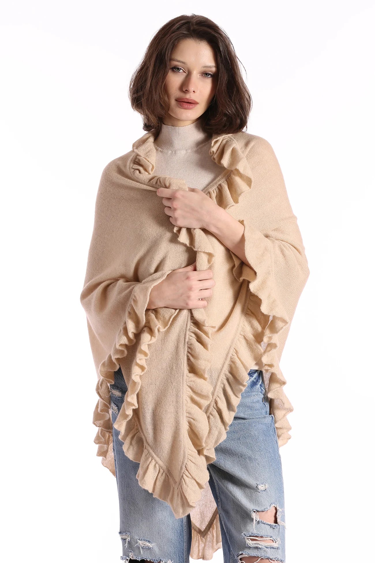 Minnie Rose Cotton/Cashmere Ruffle Shawl-BROWN SUGAR