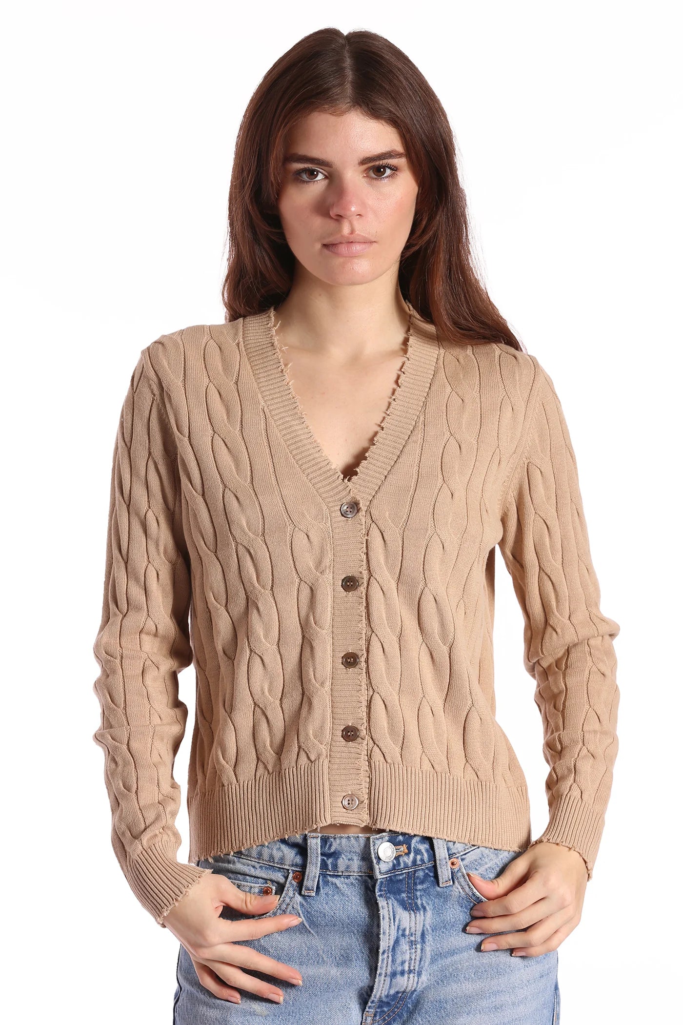 COTTON FRAYED CABLE CARDIGAN