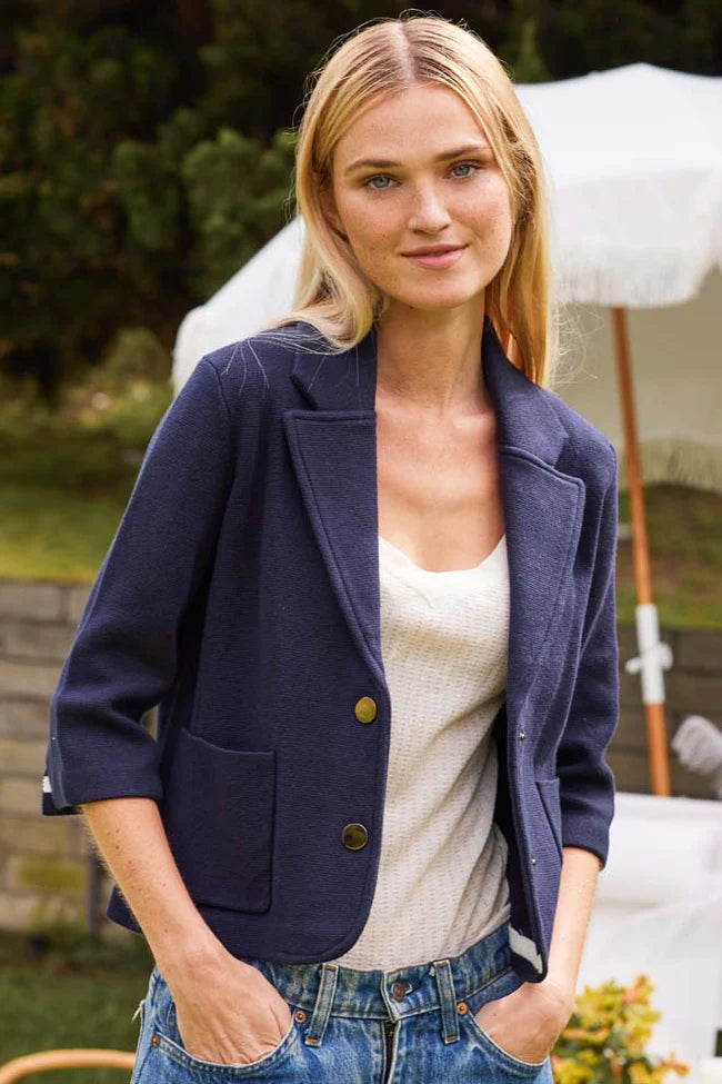 Minnie Rose Cotton Blend (Knit yet fully constructed) Shrunken Blazer, Navy