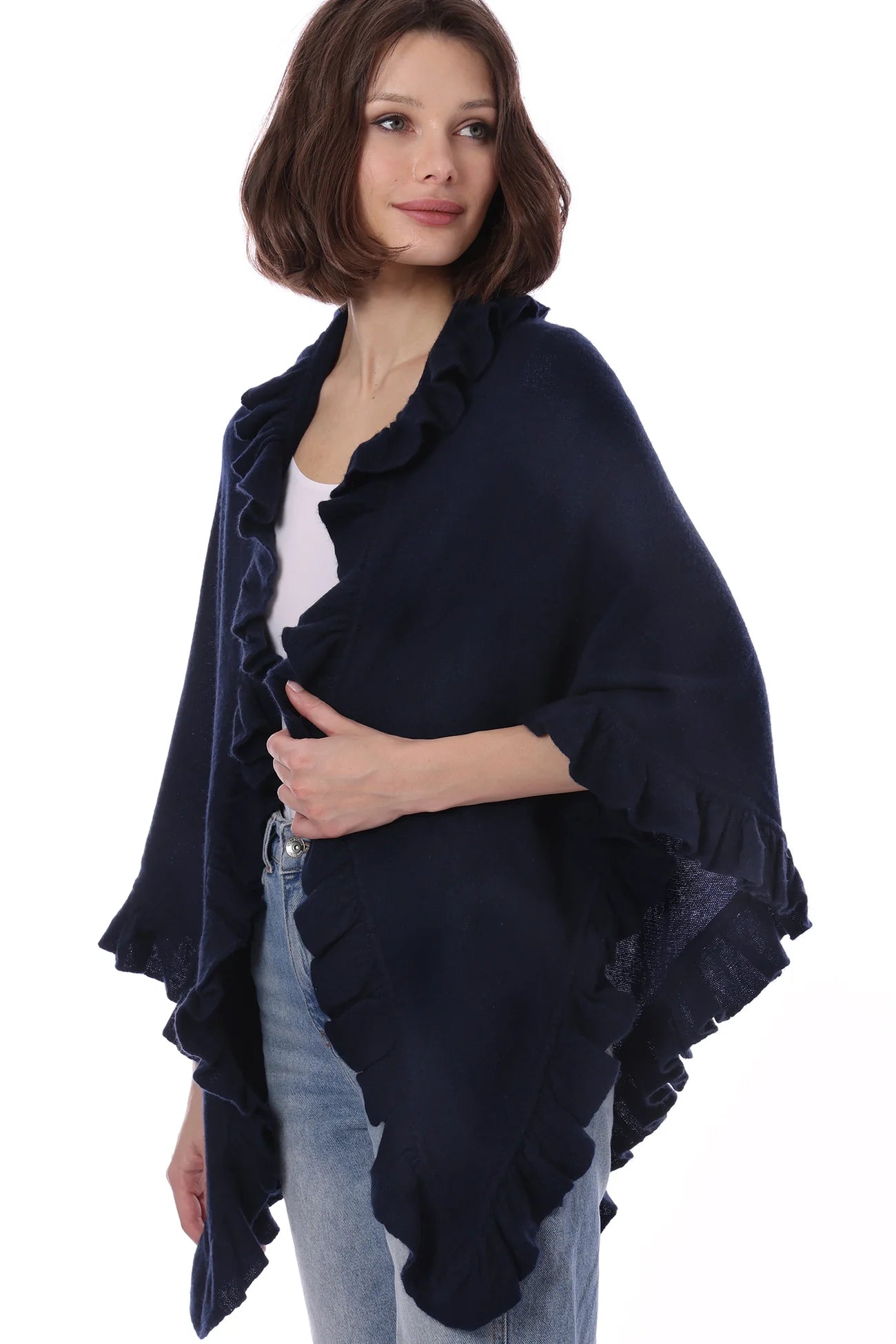Minnie Rose Cashmere Fringe Shawl-Navy