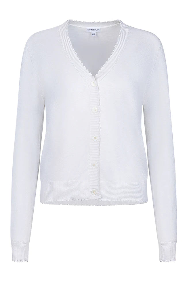 Minnie Rose Cotton Cashmere Frayed Cardigan- White