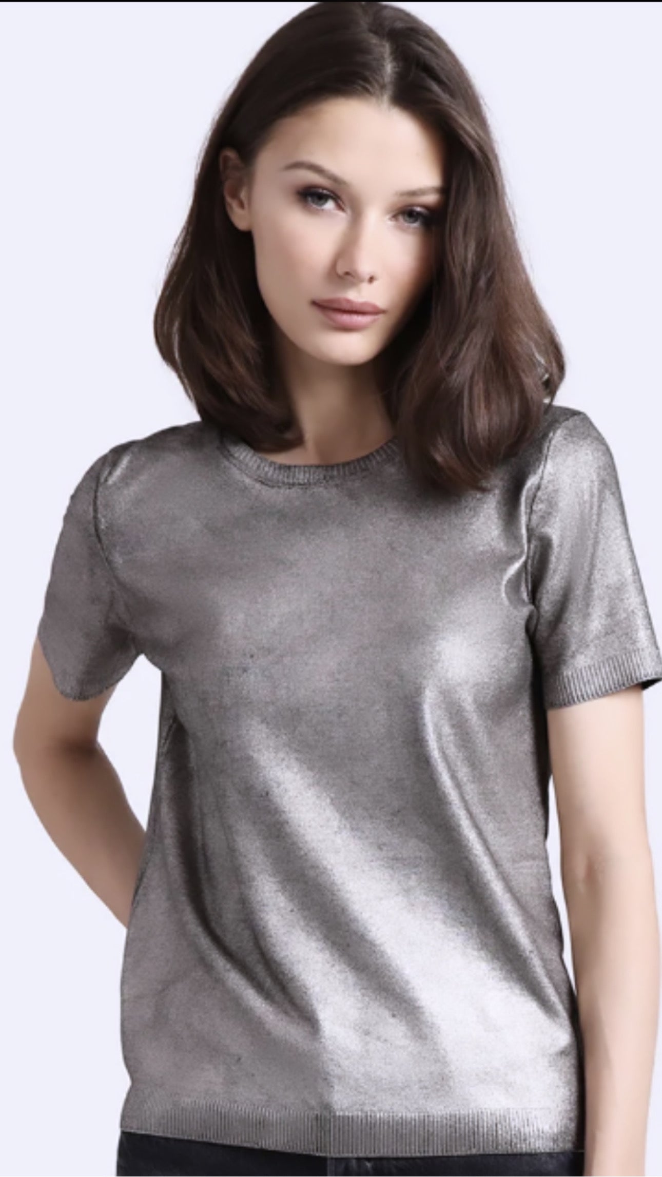 Silver Metallic Printed short sleeve crew neck top