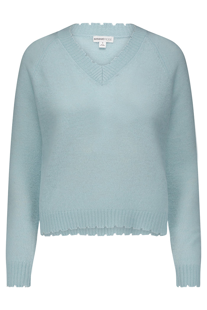 Minnie Rose Cashmere Frayed Edge V-Neck Sweater, Baby Blue