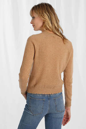 Minnie Rose Cashmere Frayed Edge V-Neck Sweater, Camel